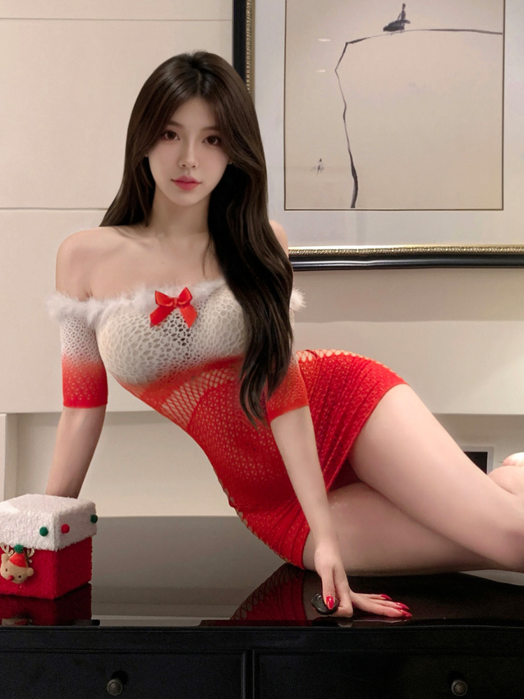 Woman in a red and white dress with a bow sitting on a table. Red White Gradient Mesh Off Shoulder Sexy Mini Dress