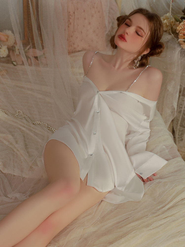 Ethereal Draped Satin Nightgown with Button-Down Over-sized Shirt