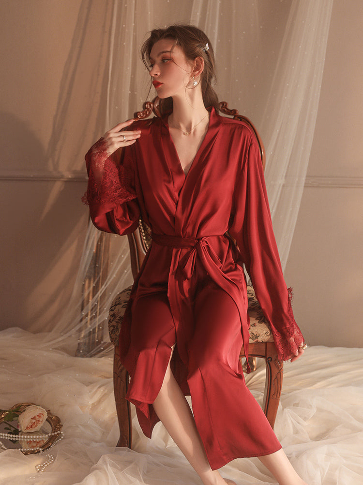 Elegant Lace-Trimmed Silk Robe