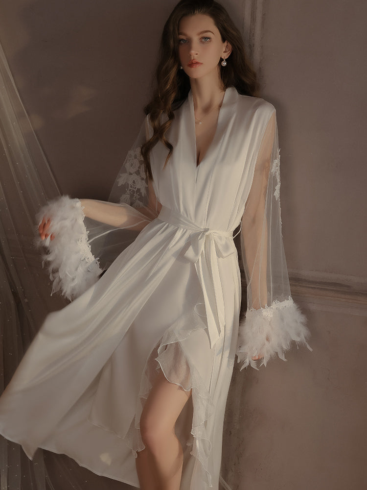 Feather Trim Satin Slip Dress