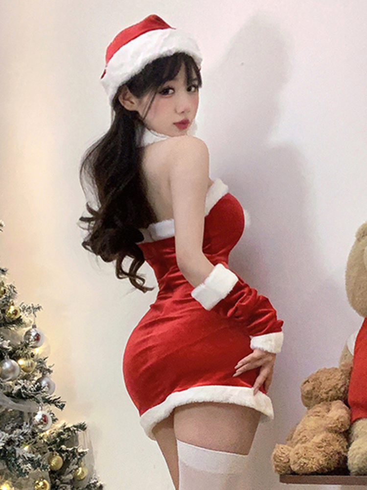 back view of Sexy Santa costume ruched mini dress