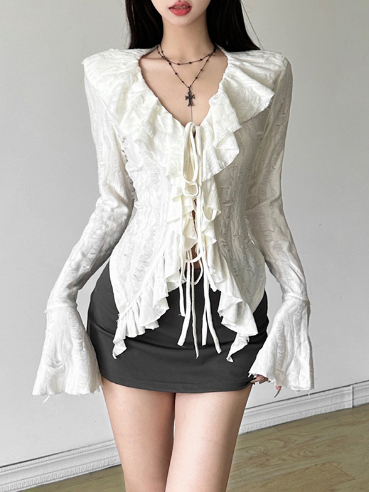 White Ruffle Lace Tie Front Long Sleeve Blouse