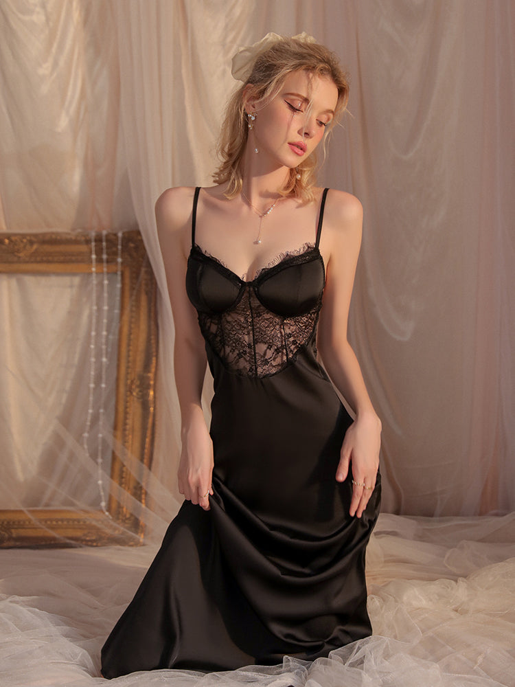 Classic Noir Lace-Trim Long Slip