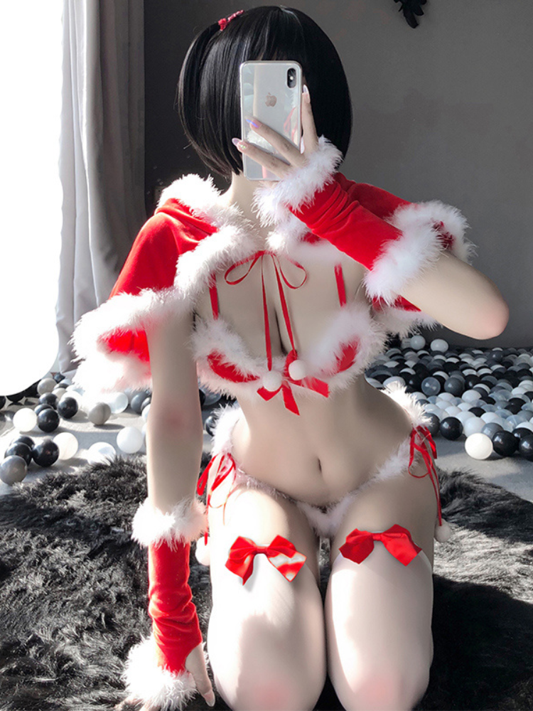 Person in a Sexy Christmas Lingerie Set Red Santa Lingerie Bra Panty Cape, taking a selfie.