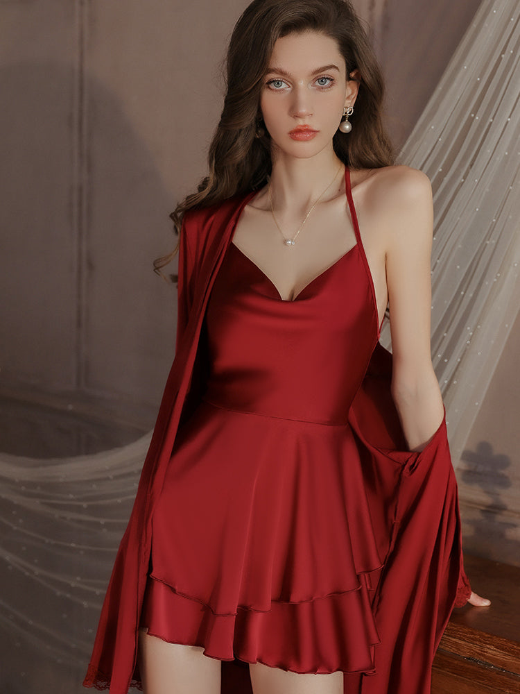 Ruffled Hem Cross Back Satin Slip Dress