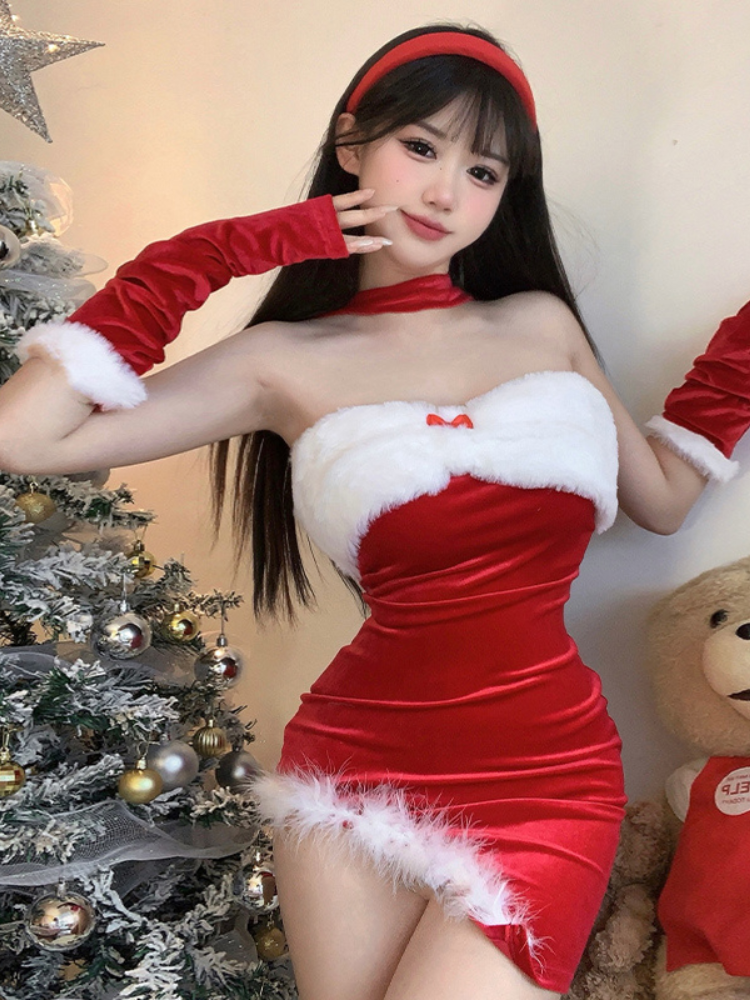 Christmas sexy costume with white accents, red dress for holiday celebrations