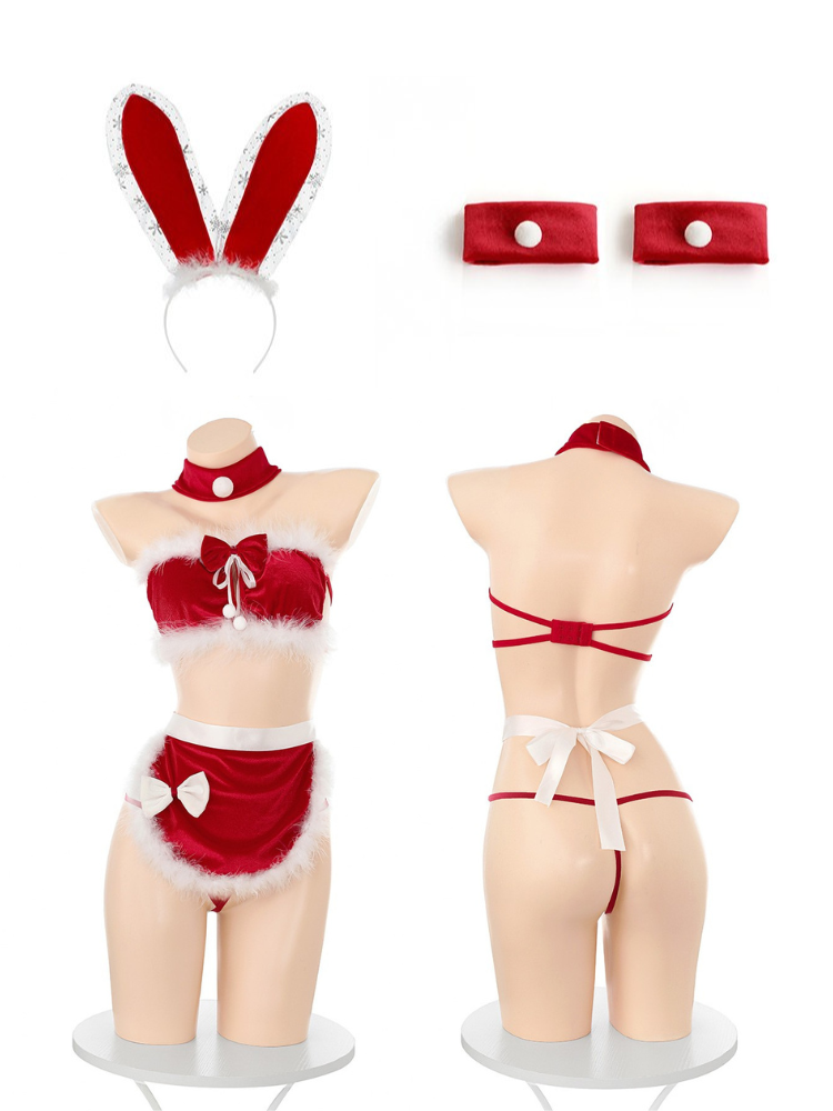 Red bunny costume set with headband, bra, panties, and gloves on mannequin forms. Red Sexy Santa Bunny Christmas Lingerie Set