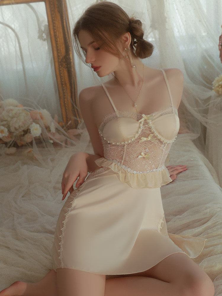 Satin Slip Dress with Lace and Pearl Details