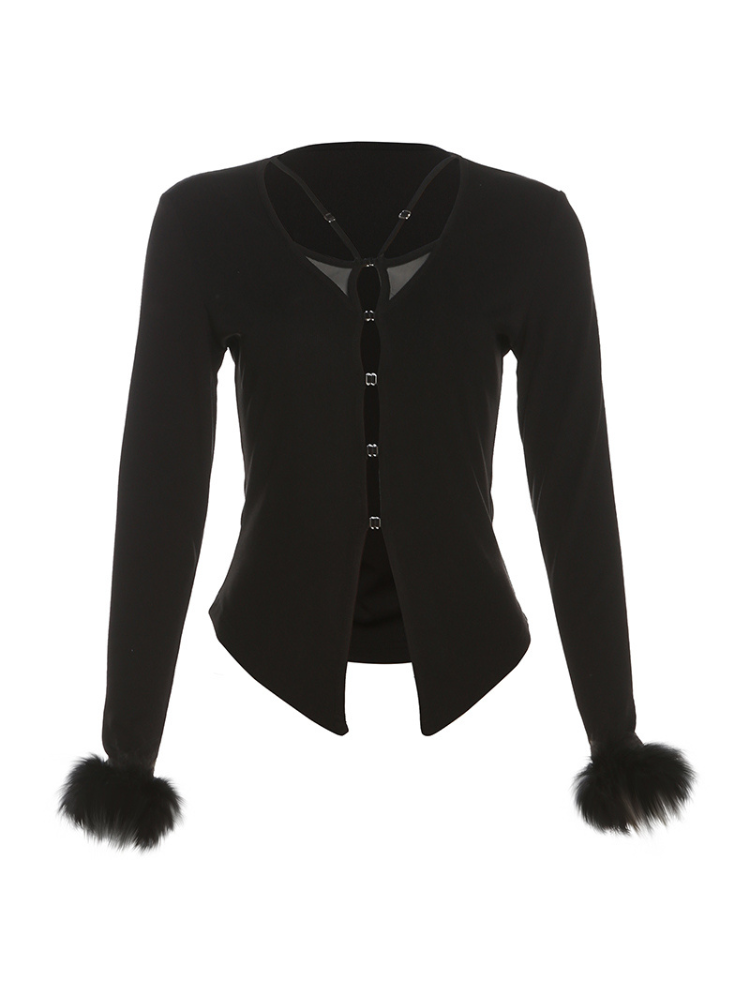 Product only image showcasing the long sleeve top with fluffy cuffs and mesh strap details.