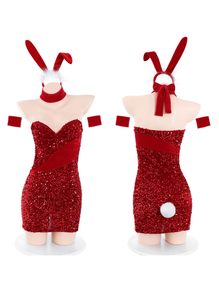 Sequin Red Strapless Bodycon Mini Dress Bunny Outfit Sparkly Dress with bunny ears and tail on a white background