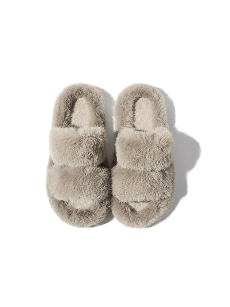 Gray fuzzy slippers bottom view black rubber sole textured grip