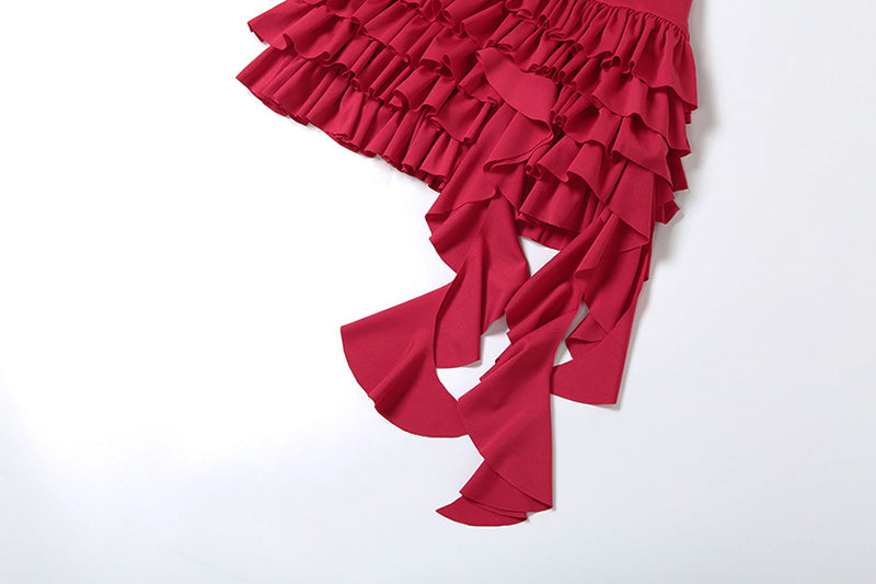 Red Ruffled Layered Asymmetrical Dress