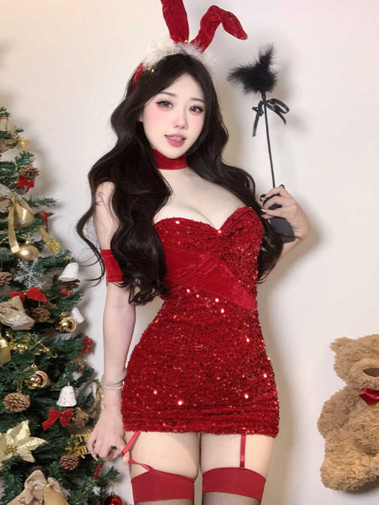 Red Festival Glitter Mini Dress with halter neck and playful bunny-inspired details