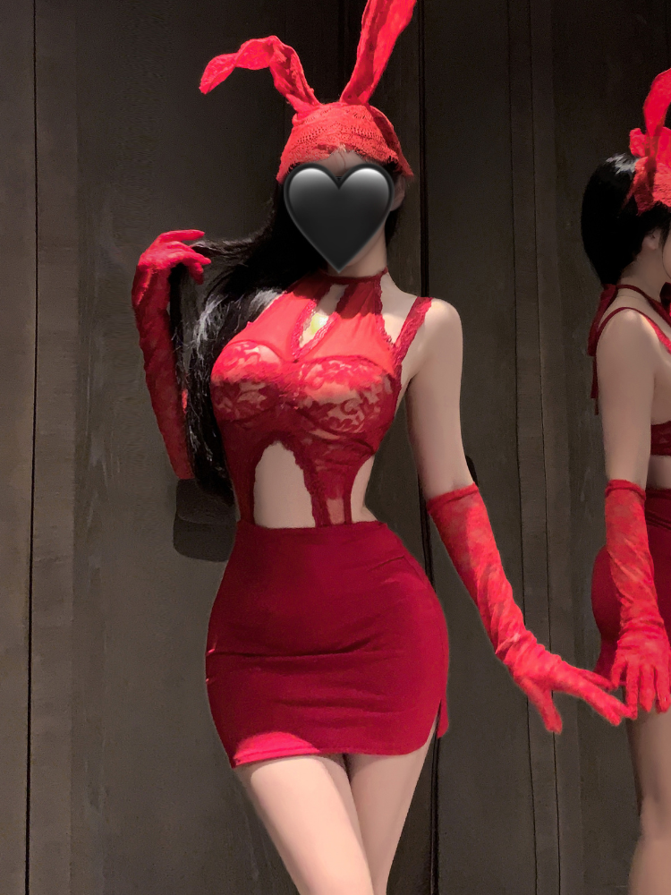 Person wearing a red bunny Lace Cutout Halter Lingerie Mini Dress