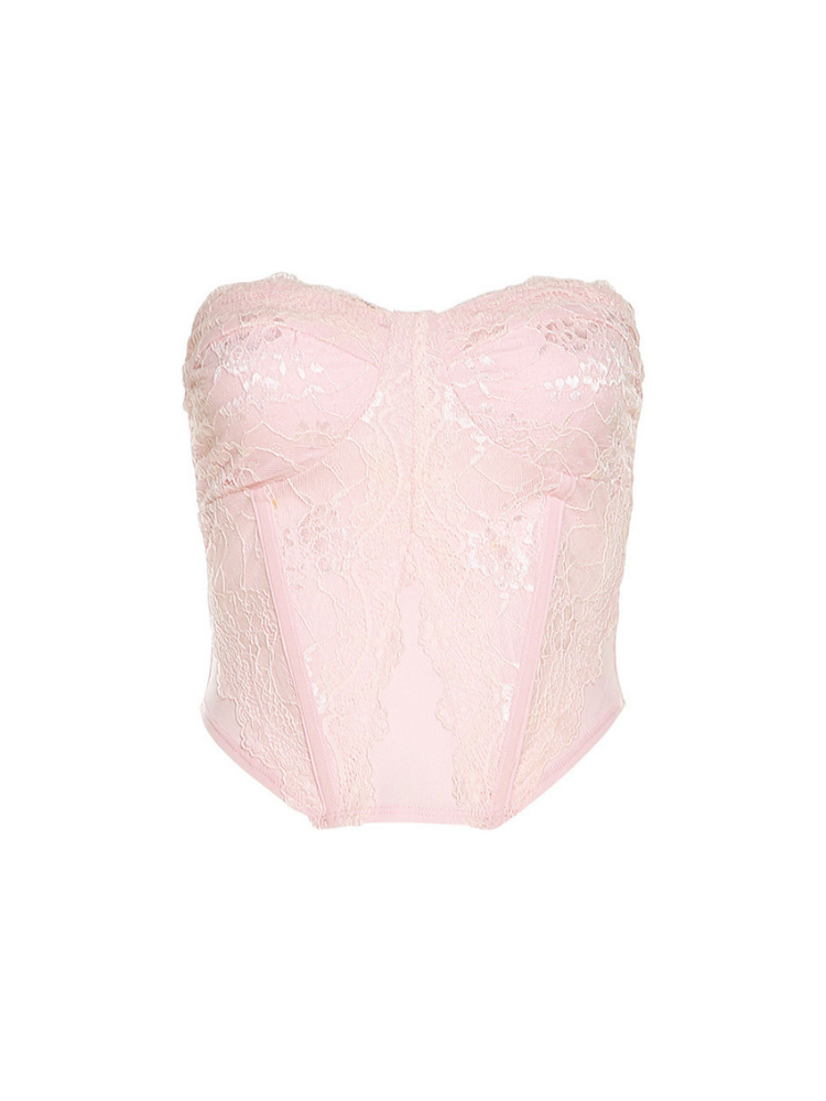 Pink strapless top with lace detailing on a white background