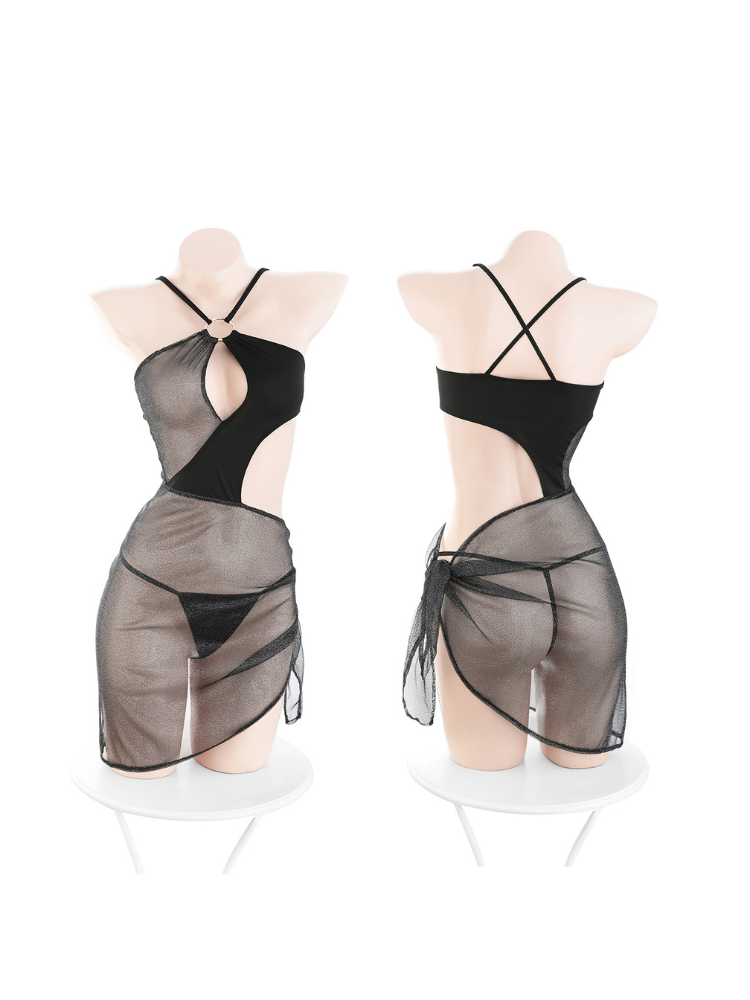 Black strappy top and sheer skirt set Sheer Cut Out Halter Black Dress on mannequins against a white background