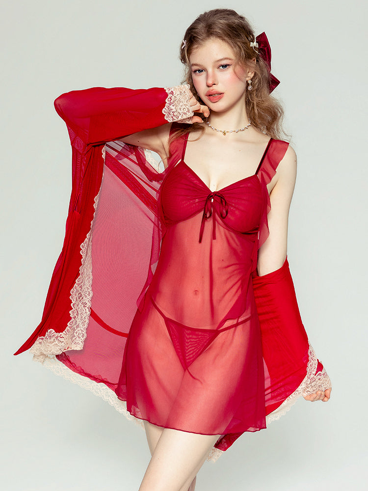 Woman wearing a red lace nightgown with a sheer overlay on a light gray background sheer mesh babydoll dress, slip dress, see through lingerie, transparent lingerie, mesh dress, sleep dress, lingerie dress.