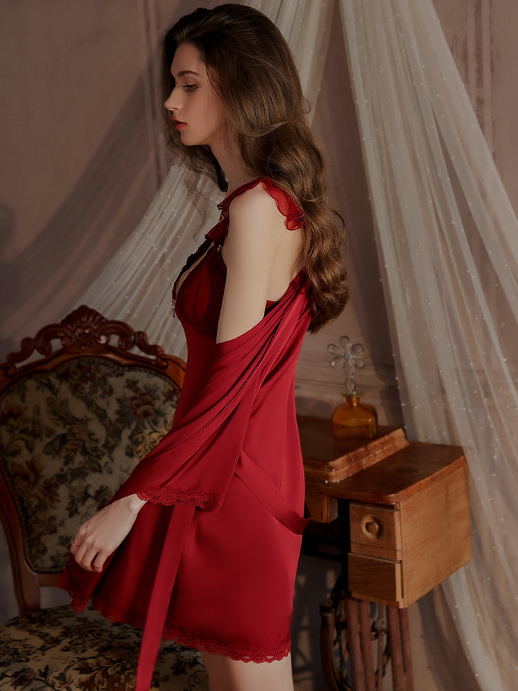 side view of Back view of a red Sheer Lace Robe Set with Satin Details, highlighting the adjustable straps, lace floral design, and sheer elegance of the lightweight robe.