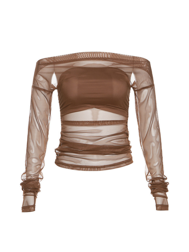 Brown sheer long-sleeve top on a white background