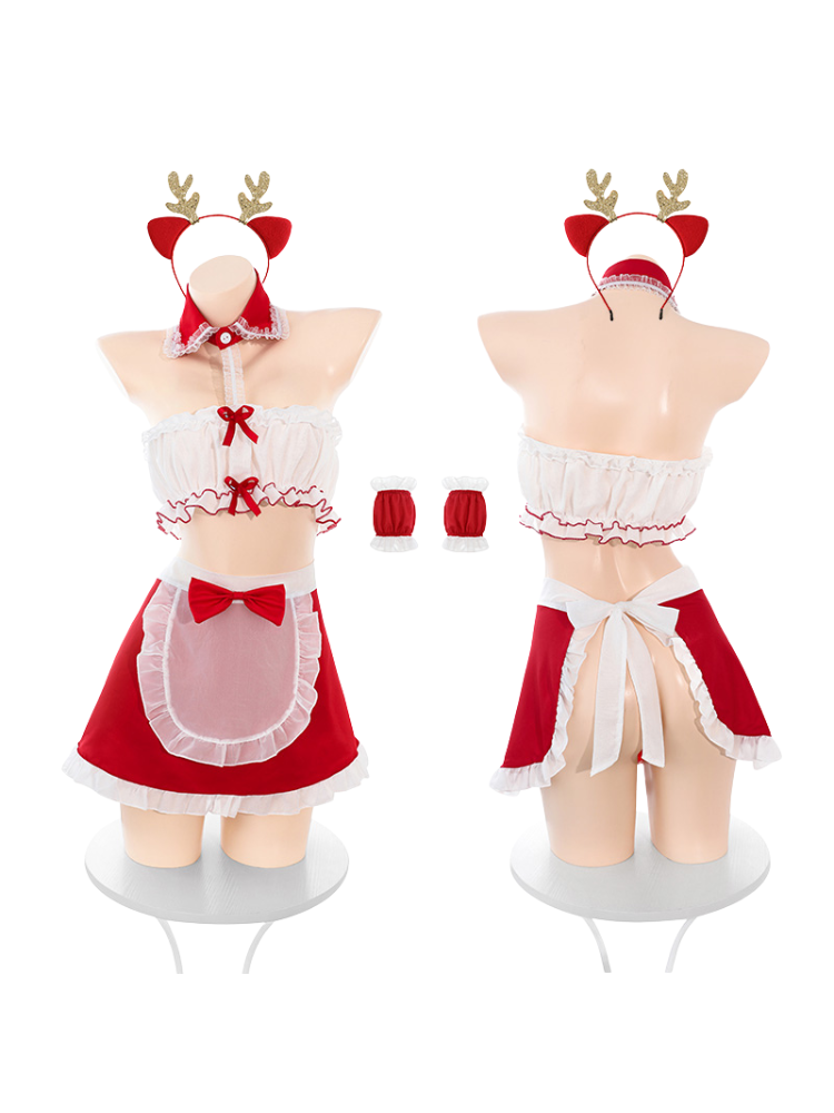 Ruffle Trim Red Skirt Set White Crop Top Christmas Outfit on mannequins with a white background