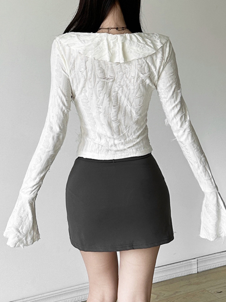 White Ruffle Lace Tie Front Long Sleeve Blouse