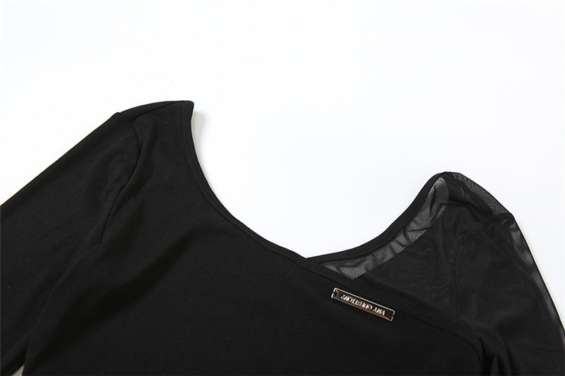 Black Sheer Mesh Long Sleeve Bodysuit