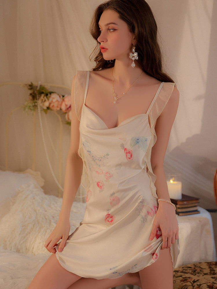 Whispering Blossom Satin Chemise Slip Dress