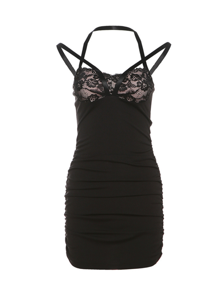 Stylish lace bodycon dress with double straps and ruched detailing, perfect for evening or special occasions.