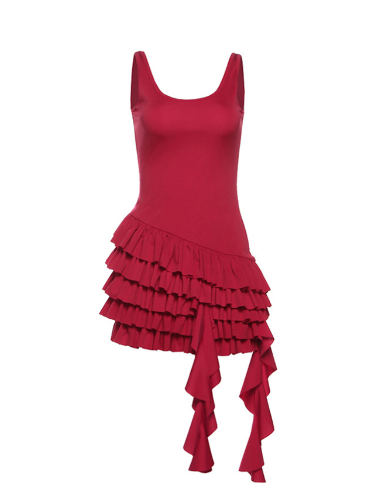 A sleeveless mini dress with layered ruffle detailing and an asymmetrical hemline, shown in vibrant red with a scoop neckline.