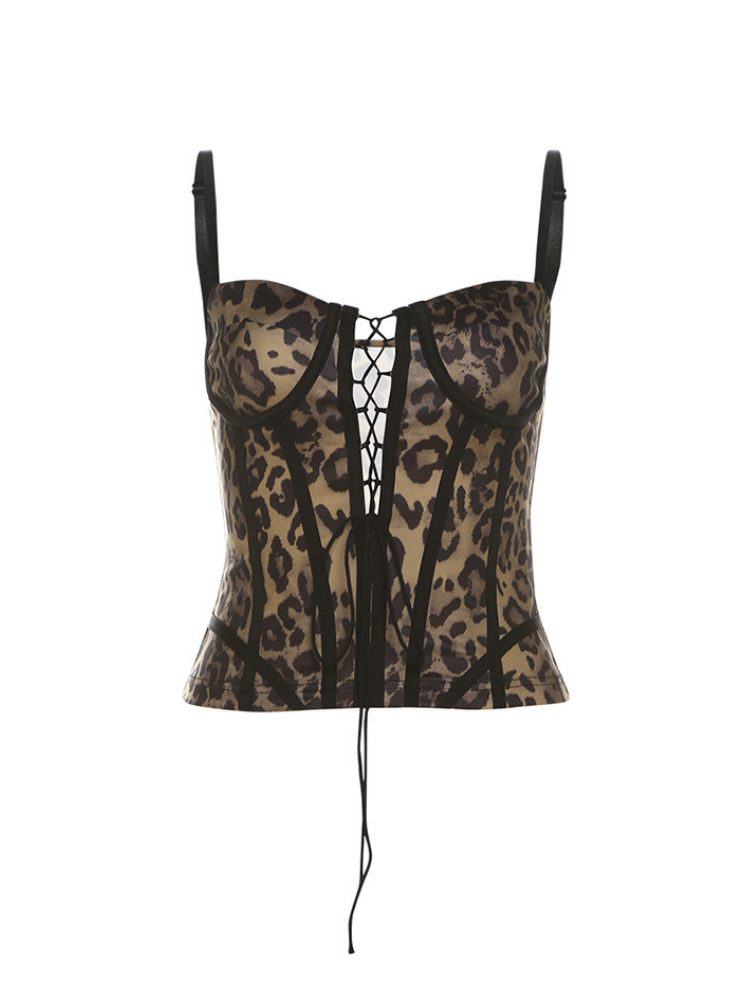 Leopard print corset top on a white background