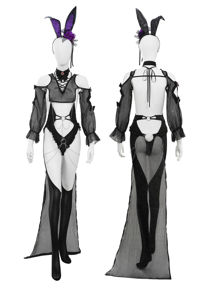 Black Sheer Lace Cutout Bunny Costume Sexy Lingerie Bodysuit with sheer overlay on a mannequin against a white background