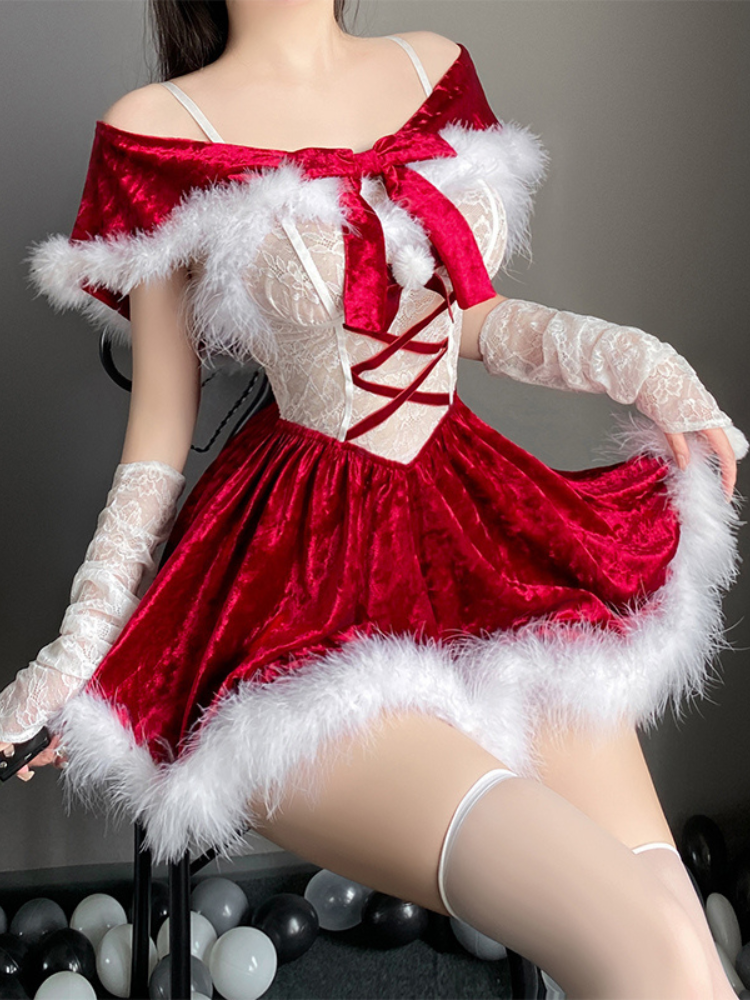 Red velvet dress with white fur trim and lace details on a dark Sexy Lingerie Christmas Velvet Lace Lingerie Set Santa Dressbackground