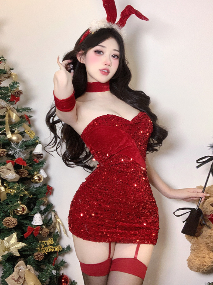 Red Festival Glitter Mini Dress with halter neck and playful bunny inspired details