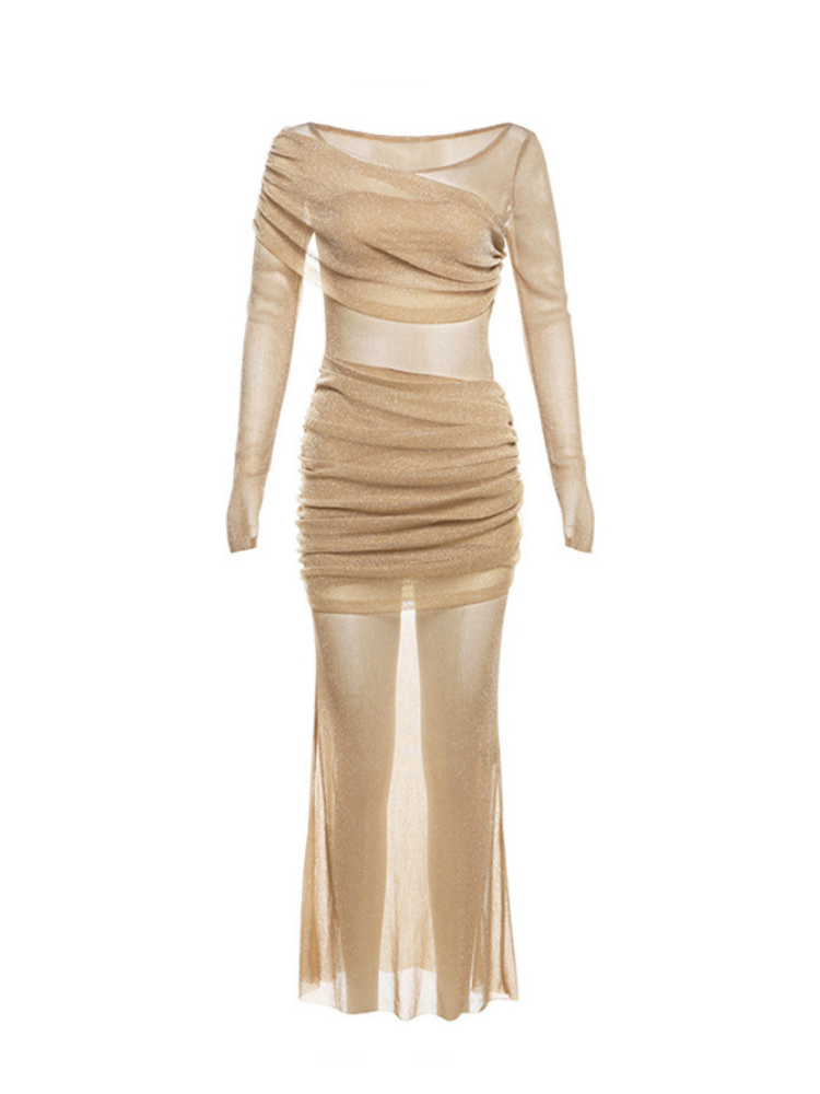 Beige dress with sheer panels on a white background