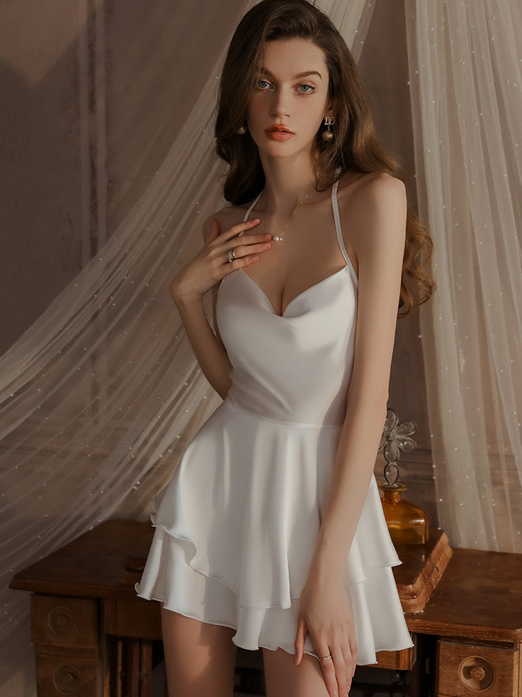 Ruffled Hem Cross Back Satin Slip Dress