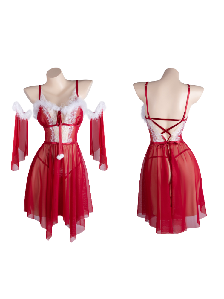 Red and white dress on a mannequin with sheer overlay and lace details. Christmas Red Sheer Lingerie Dress Set Lace Trim Mesh
