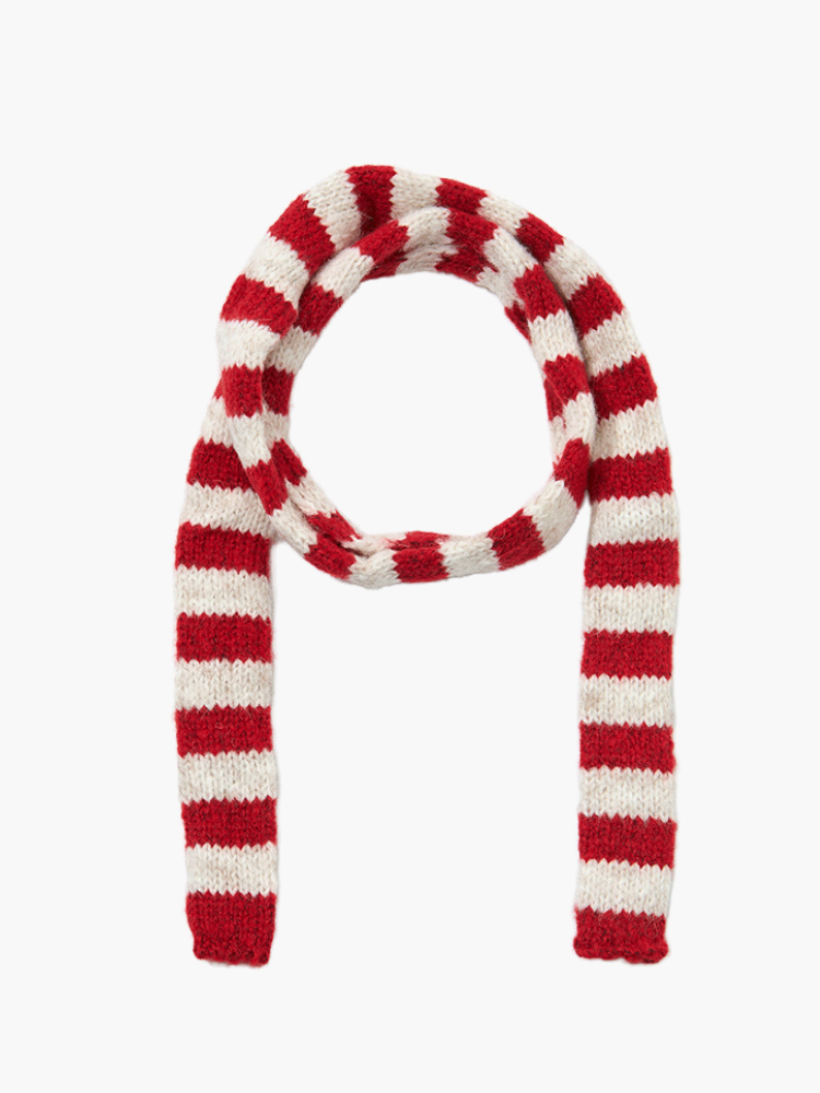 Red and beige striped knit scarf displayed flat.