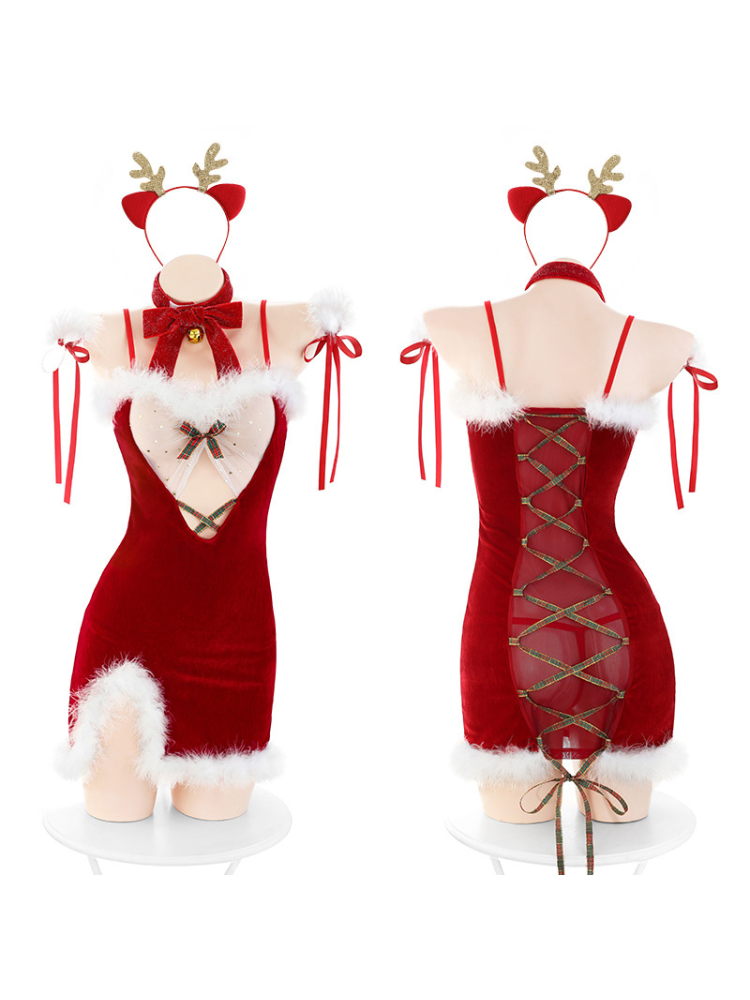 Red Christmas Cutout Bodycon Mini Dress Lingerie Set with Fur Trim with on a mannequin against a white background