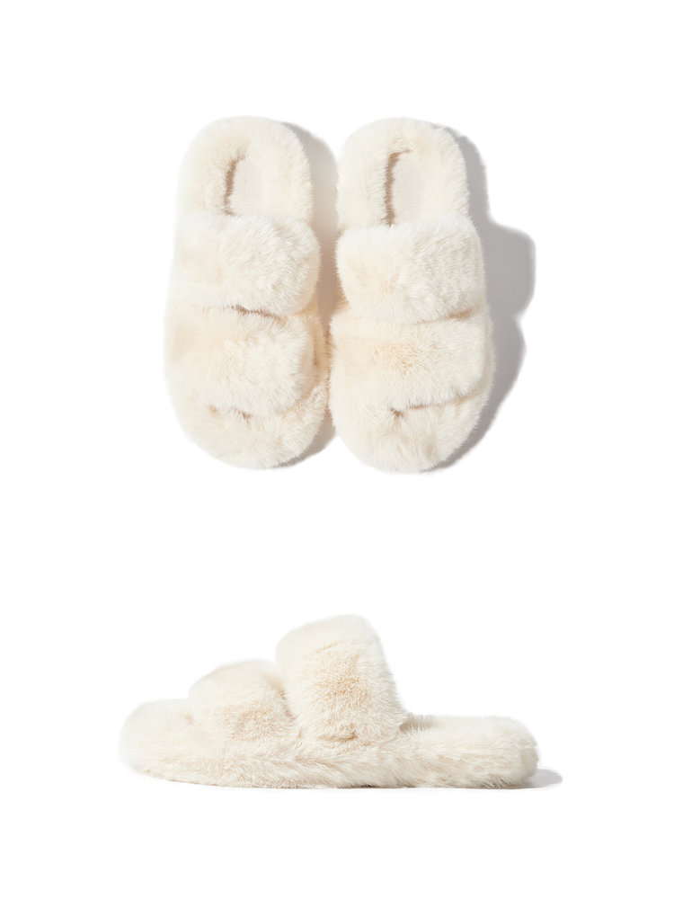 White fuzzy slippers top and side view double strap soft fur