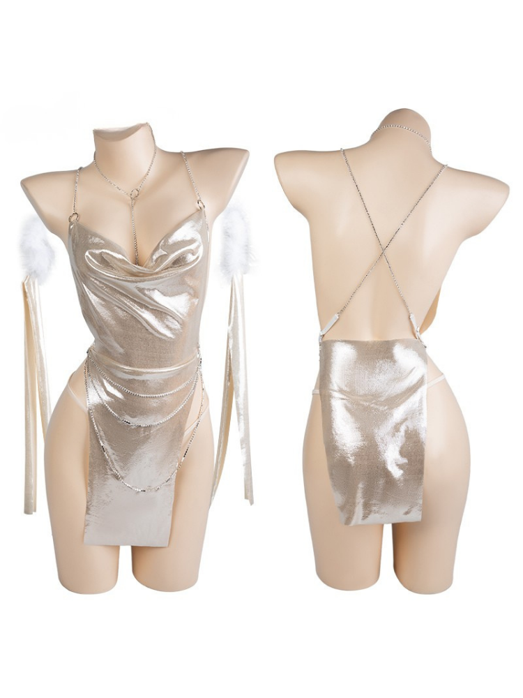 Two mannequins wearing Gold Metallic Halter Neck Mini Dress Set on a white background