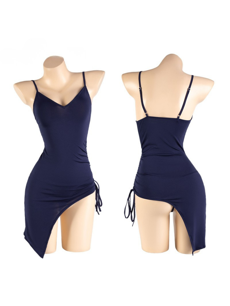 Asymmetrical Ruched Satin Slip Dress Navy Blue Mini Dress on mannequins showing front and back views.