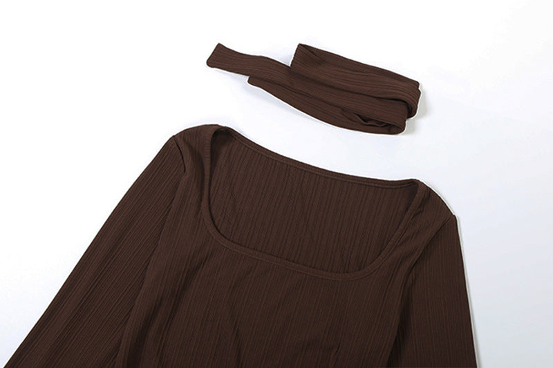 Brown ribbed long-sleeve top and headband on a white background