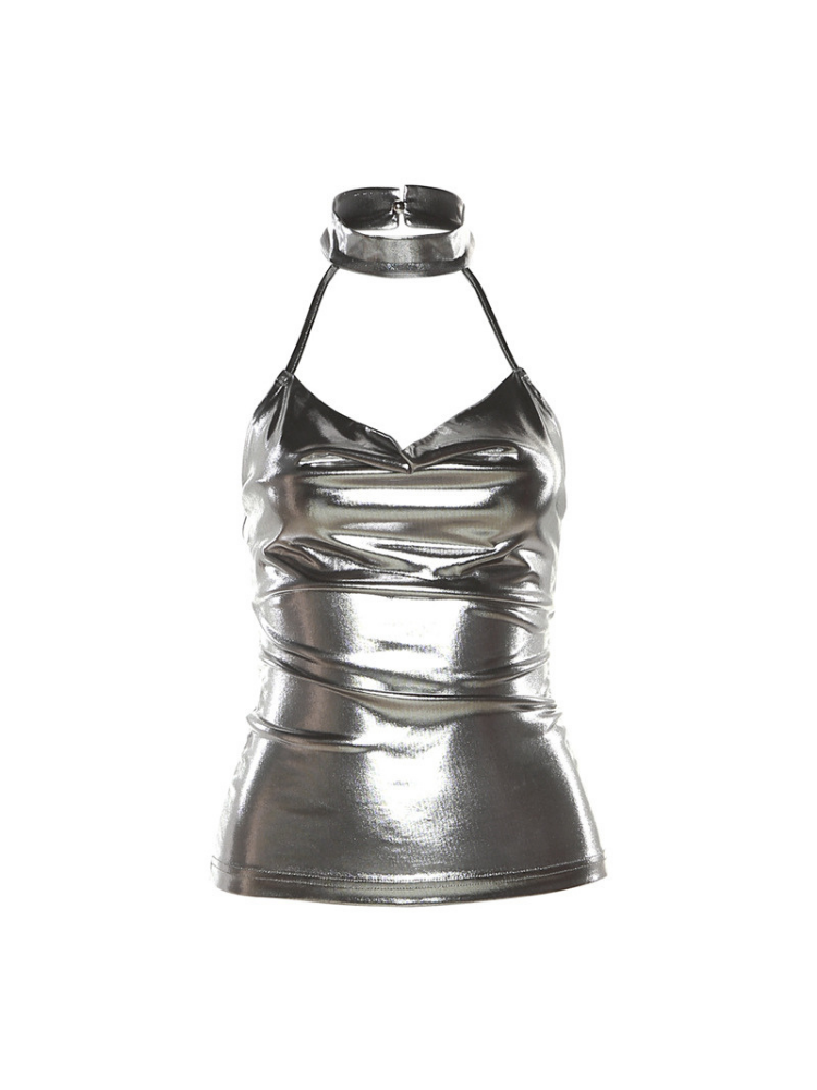 Metallic silver halter top on a white background