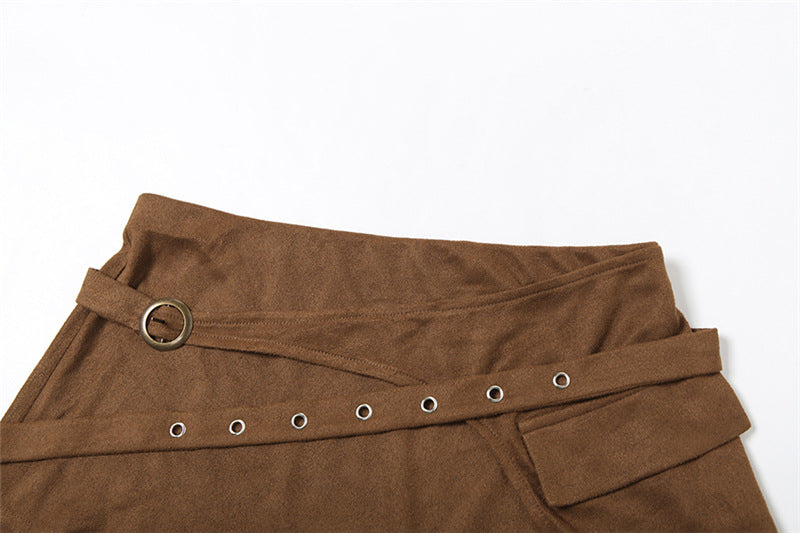 Brown skirt with belt and decorative elements on a white background