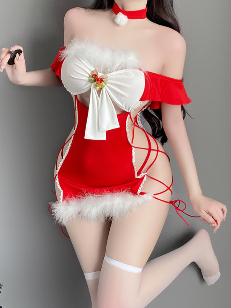 Red Christmas Dress Lace Lingerie Set Sexy Santa Bodycon Mini Dress on a gray background