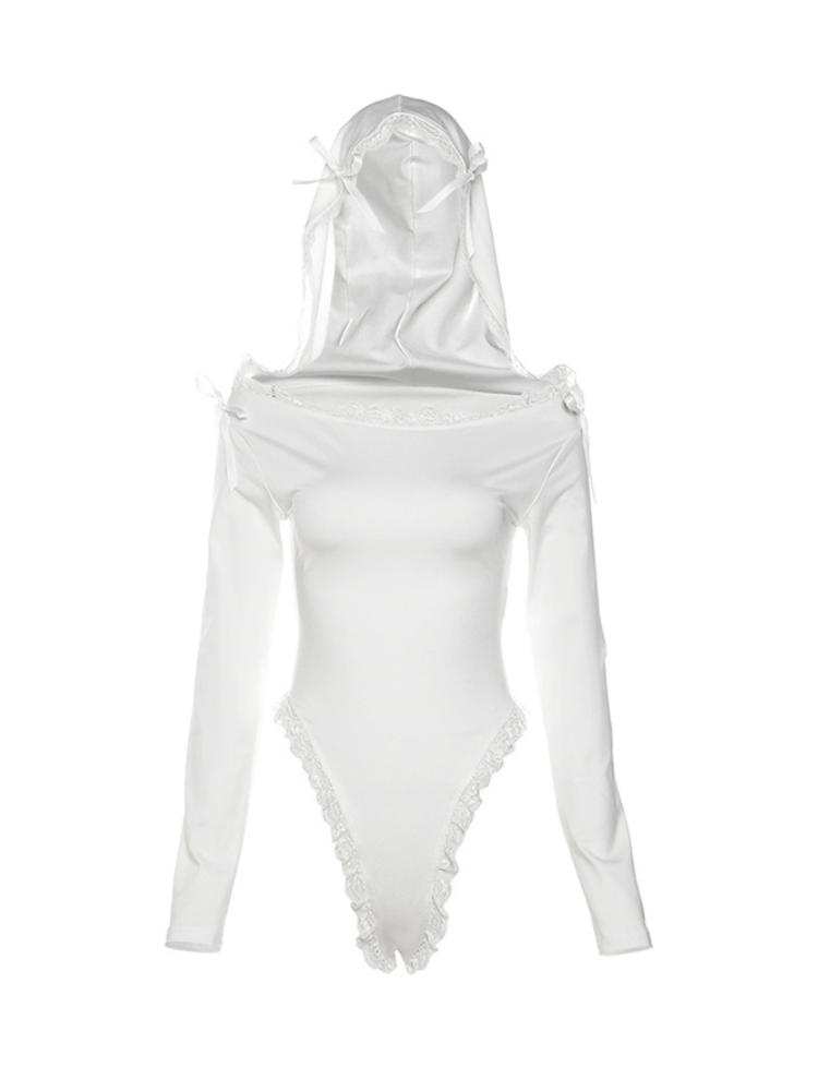 Flat lay of an off shoulder bodysuit with lace trim neckline, long sleeves, and a removable lace hood for a stylish and versatile look