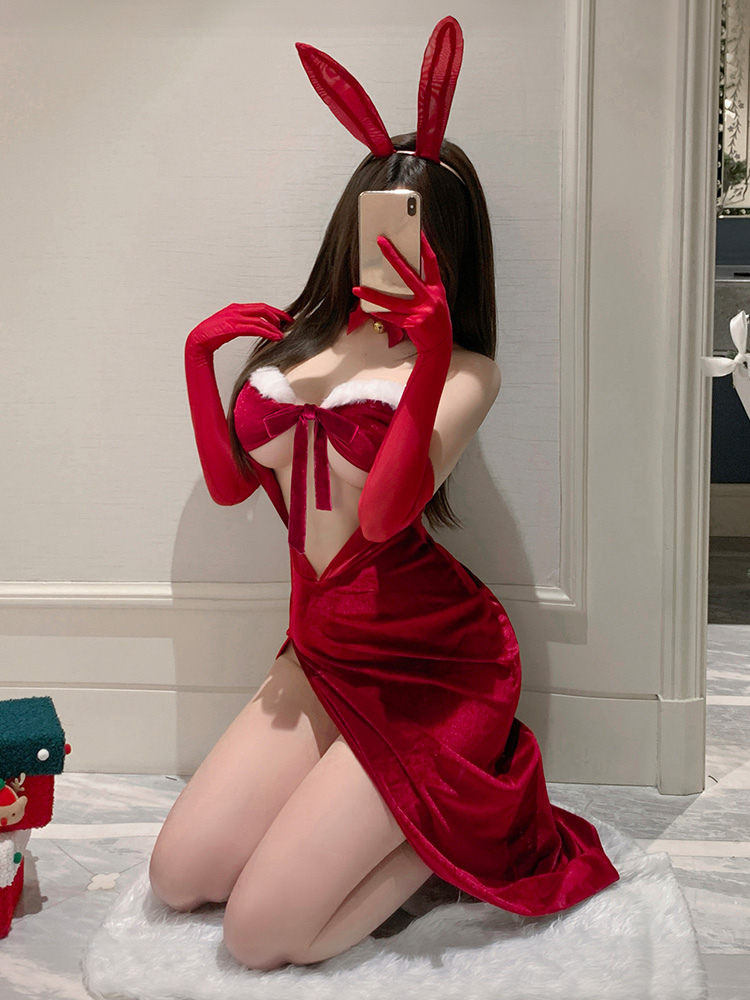 Person wearing a red bunny costume with gloves and ears, kneeling on the floor. Red Velvet Christmas Dress Bunny Lingerie Set with Cutout Maxi Slip
