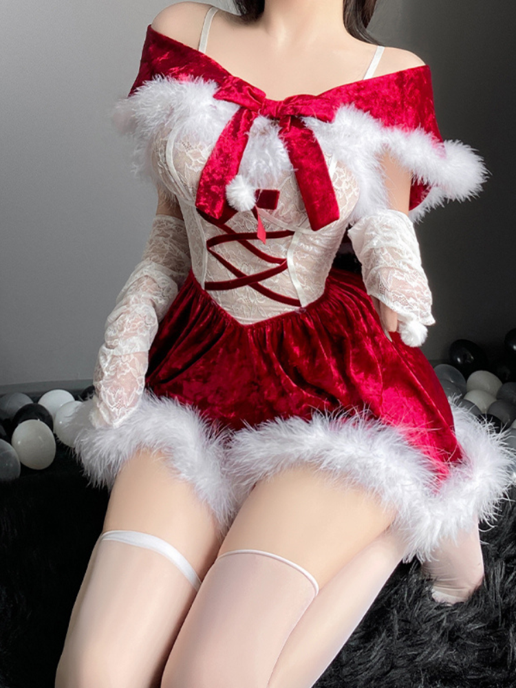Red and white festive outfit with fur trim on a dark background Sexy Lingerie Christmas Velvet Lace Lingerie Set Santa Dress