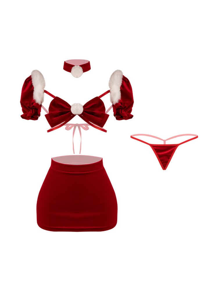 Red Velvet Bow Sexy Christmas Lingerie Set with Mini Skirt on a white background