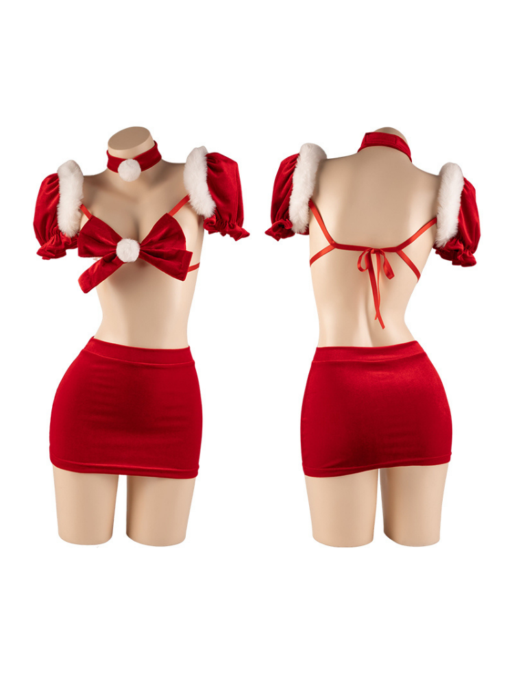 Red costume with white fur trim on mannequins against a white background